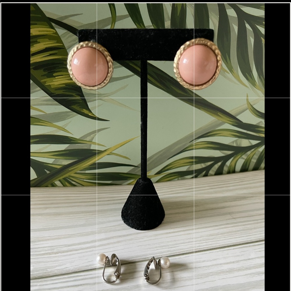 Peach color bead back post and silver tone Pearl clip on earrings - 2 pairs